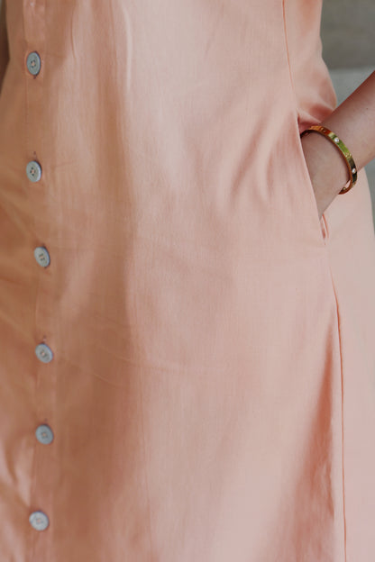 Square Neck A Line Dress in Monotone Solid Peach