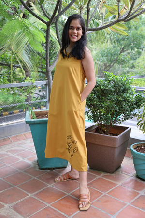 Ochre Yellow Sleeveless Maxi Dress with Embroidery