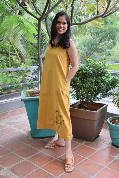 Ochre Yellow Sleeveless Maxi Dress with Embroidery