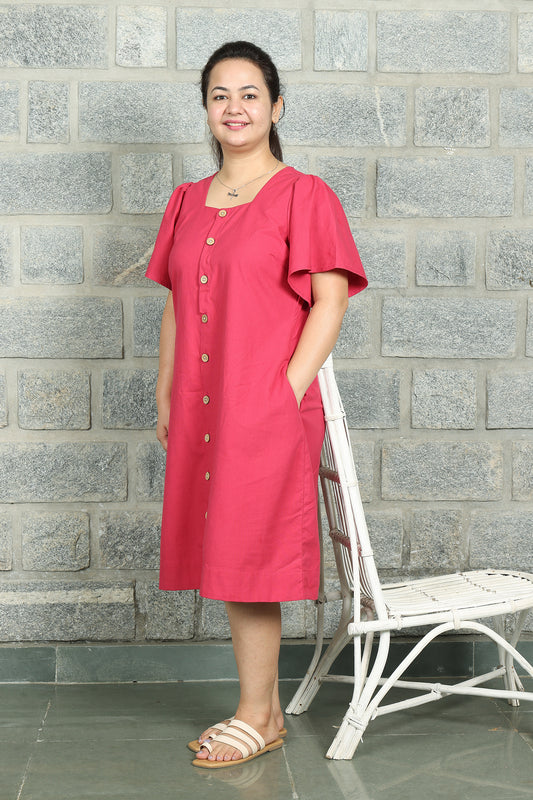 Square Neck A Line Dress in Monotone Solid Viva Magenta