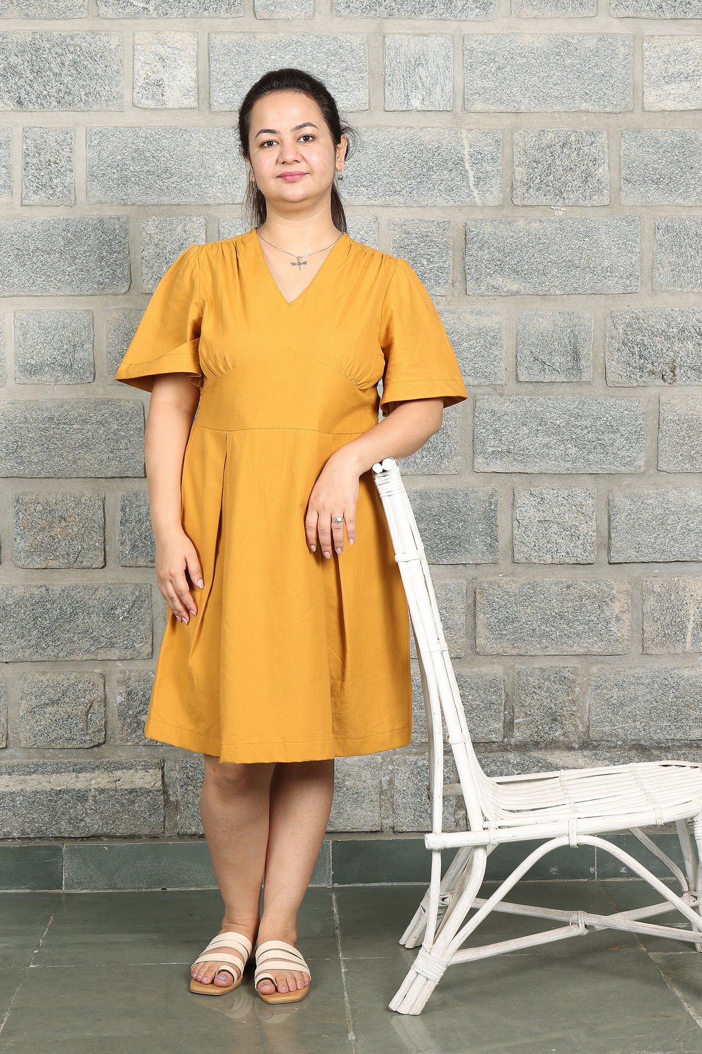 V Neck Box Pleated Ochre Yellow Dress