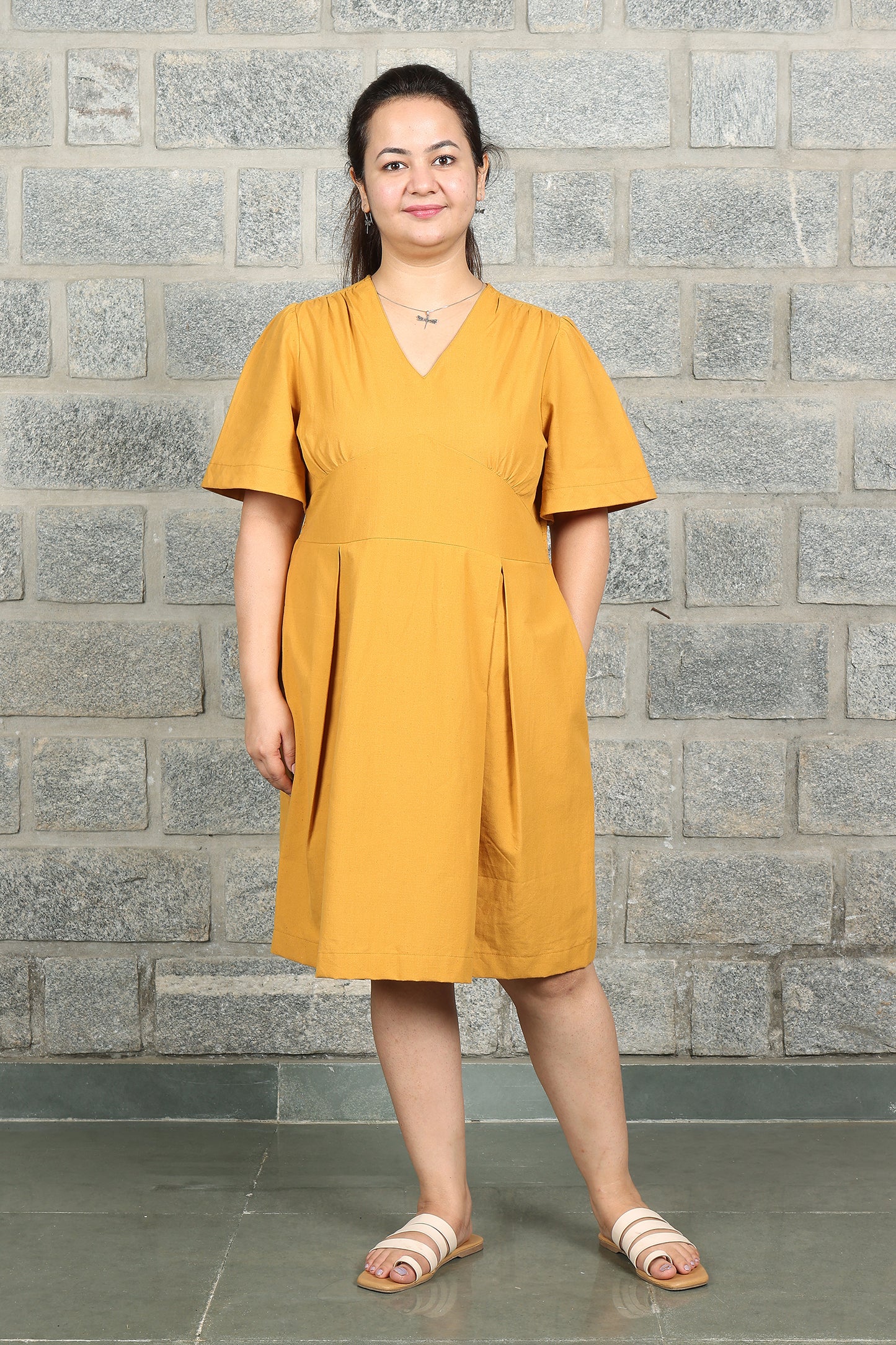 V Neck Box Pleated Ochre Yellow Dress