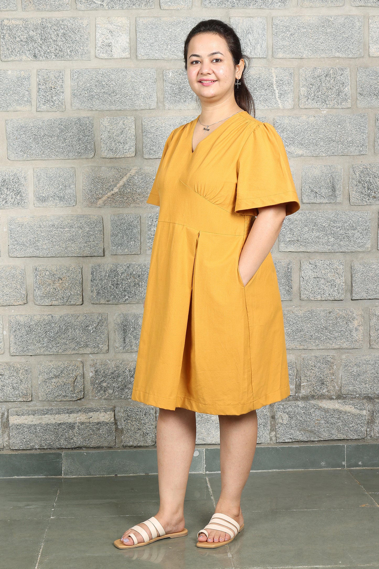 V Neck Box Pleated Ochre Yellow Dress