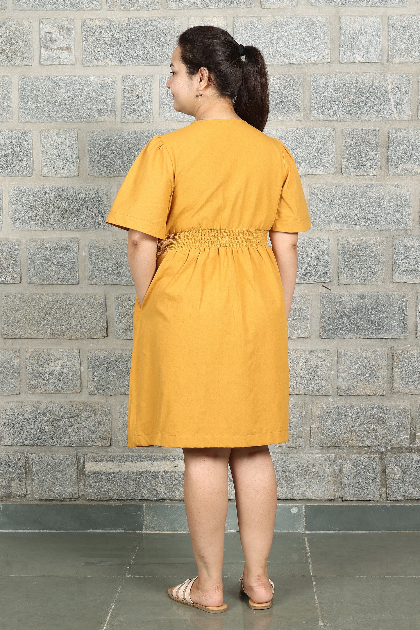 V Neck Box Pleated Ochre Yellow Dress