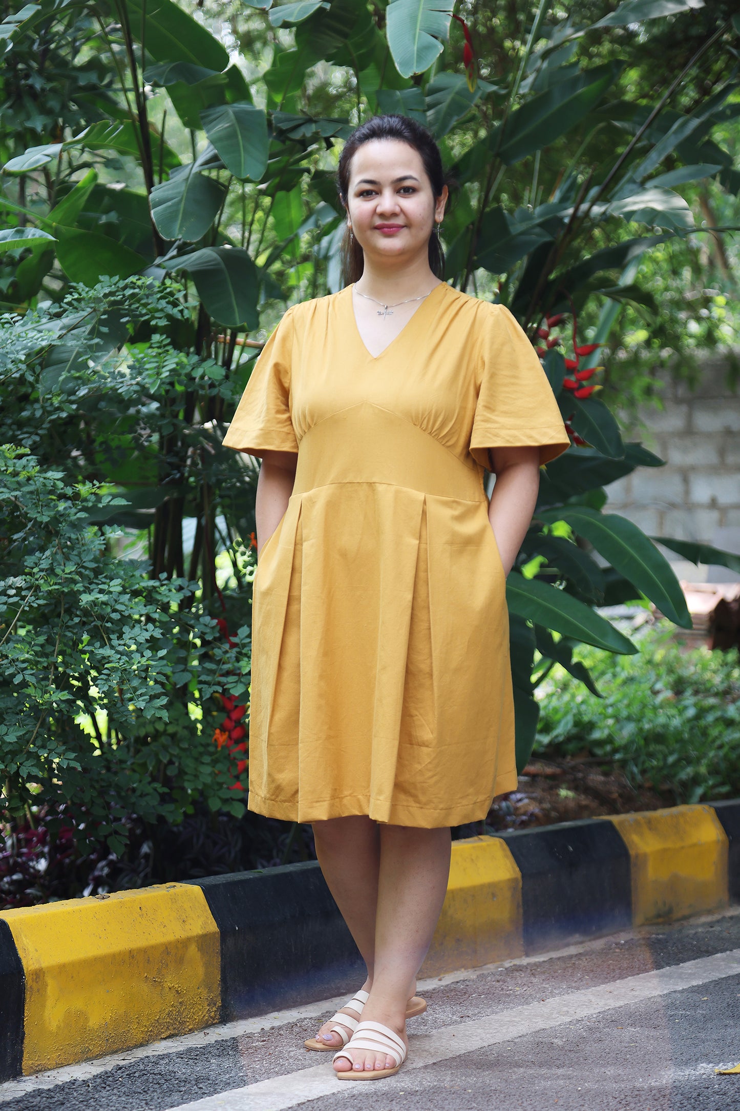 V Neck Box Pleated Ochre Yellow Dress