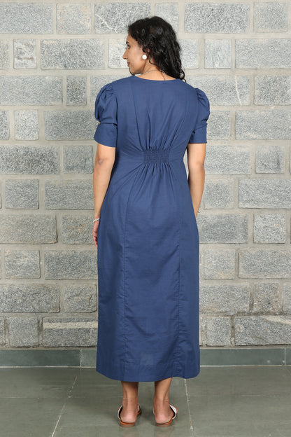 V Neck Front Slit Navy Solid Dress