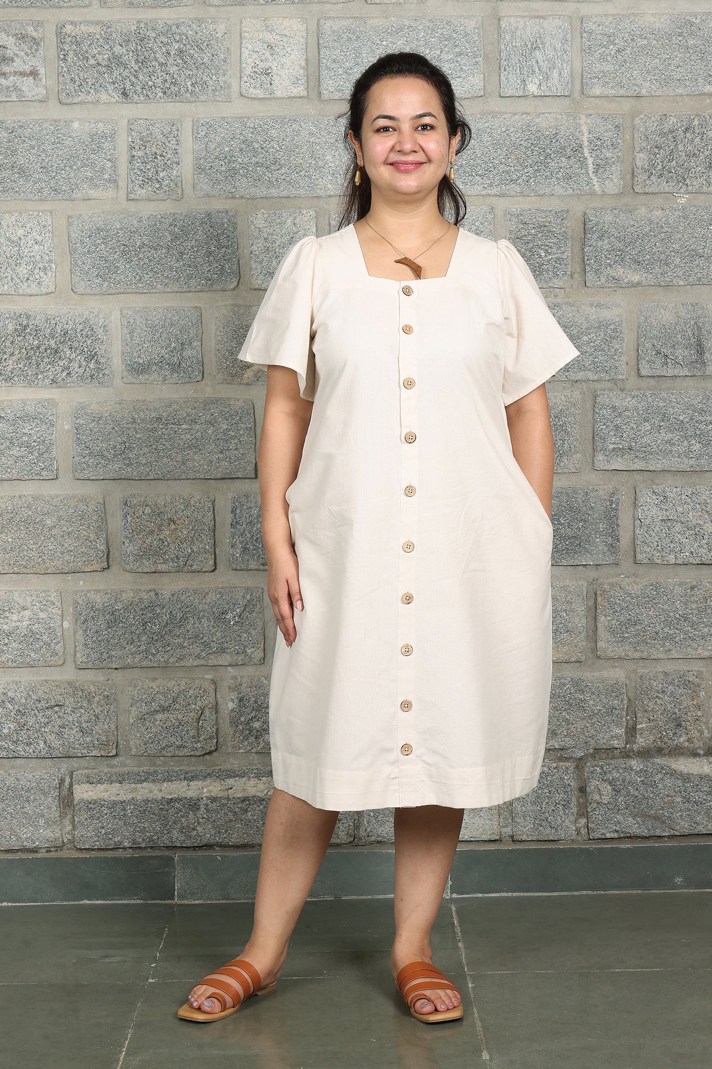 Square Neck A Line Dress in Monotone Solid Kora