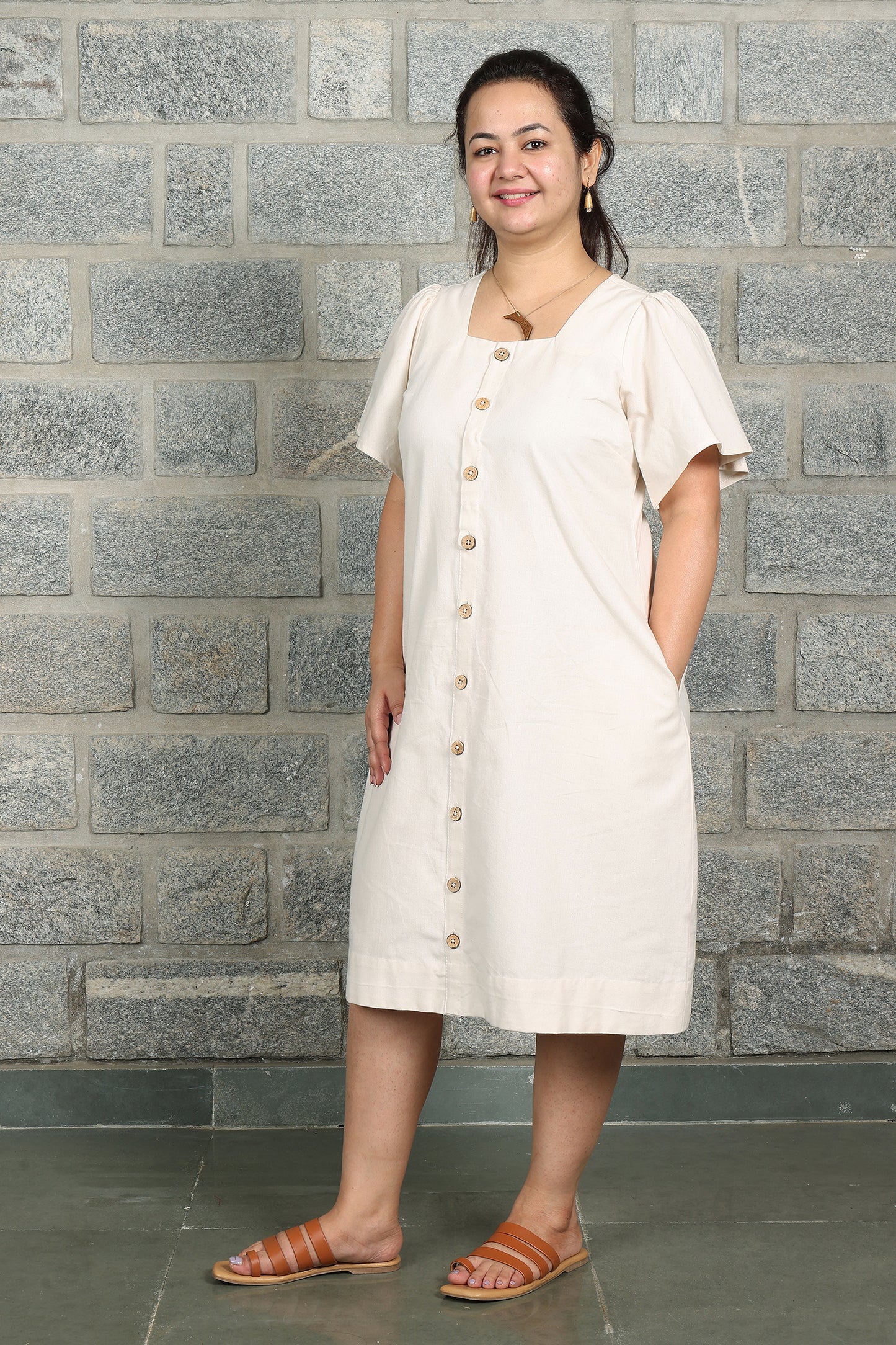 Square Neck A Line Dress in Monotone Solid Kora