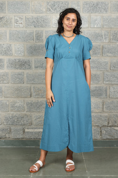 V Neck Front Slit Teal Solid Dress