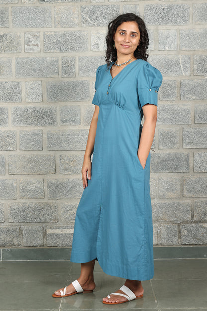 V Neck Front Slit Teal Solid Dress