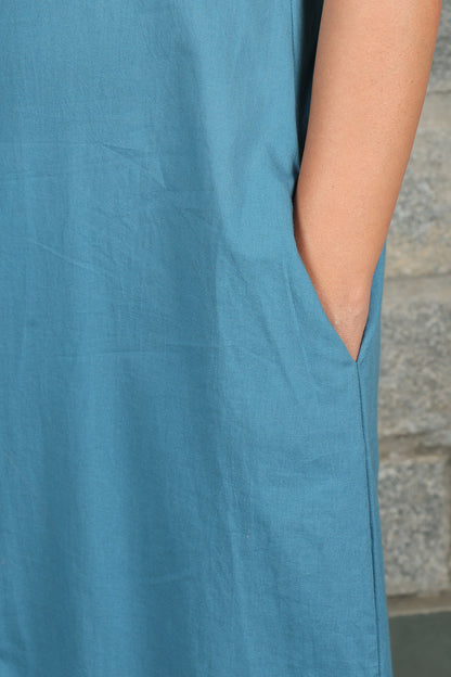 V Neck Front Slit Teal Solid Dress