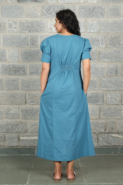 V Neck Front Slit Teal Solid Dress