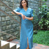 V Neck Front Slit Teal Solid Dress