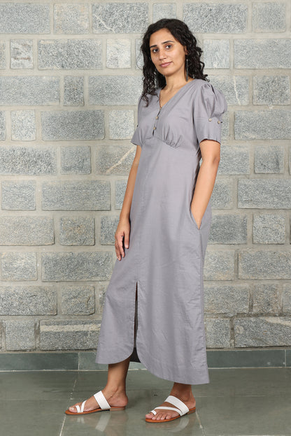 V Neck Front Slit Grey Solid Dress