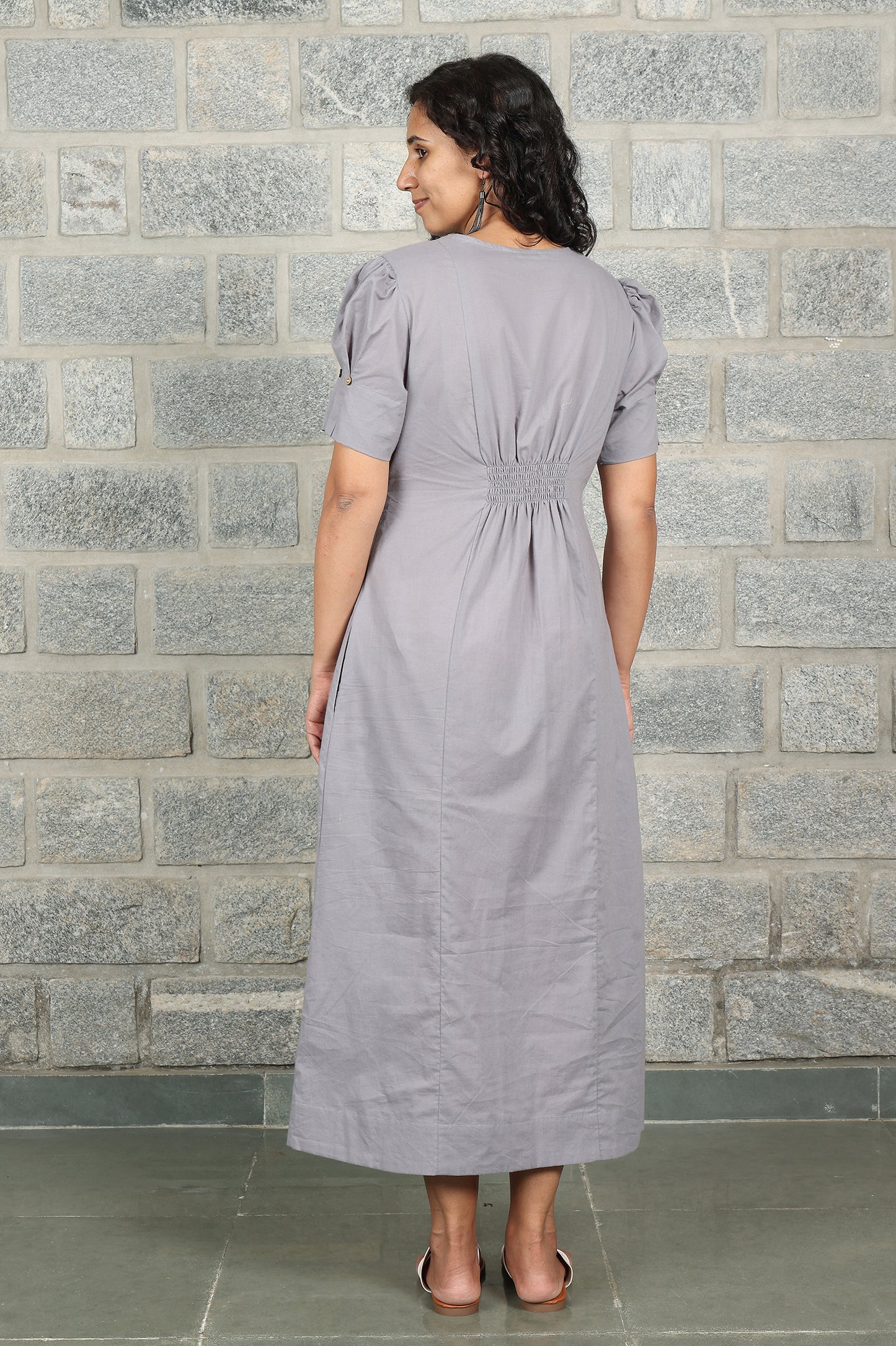 V Neck Front Slit Grey Solid Dress