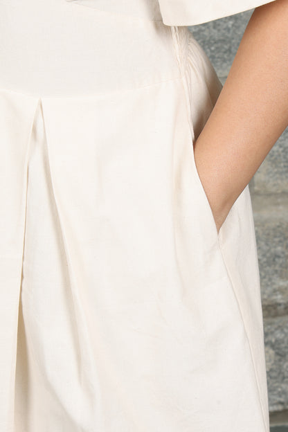 V Neck Box Pleated Off White Dress