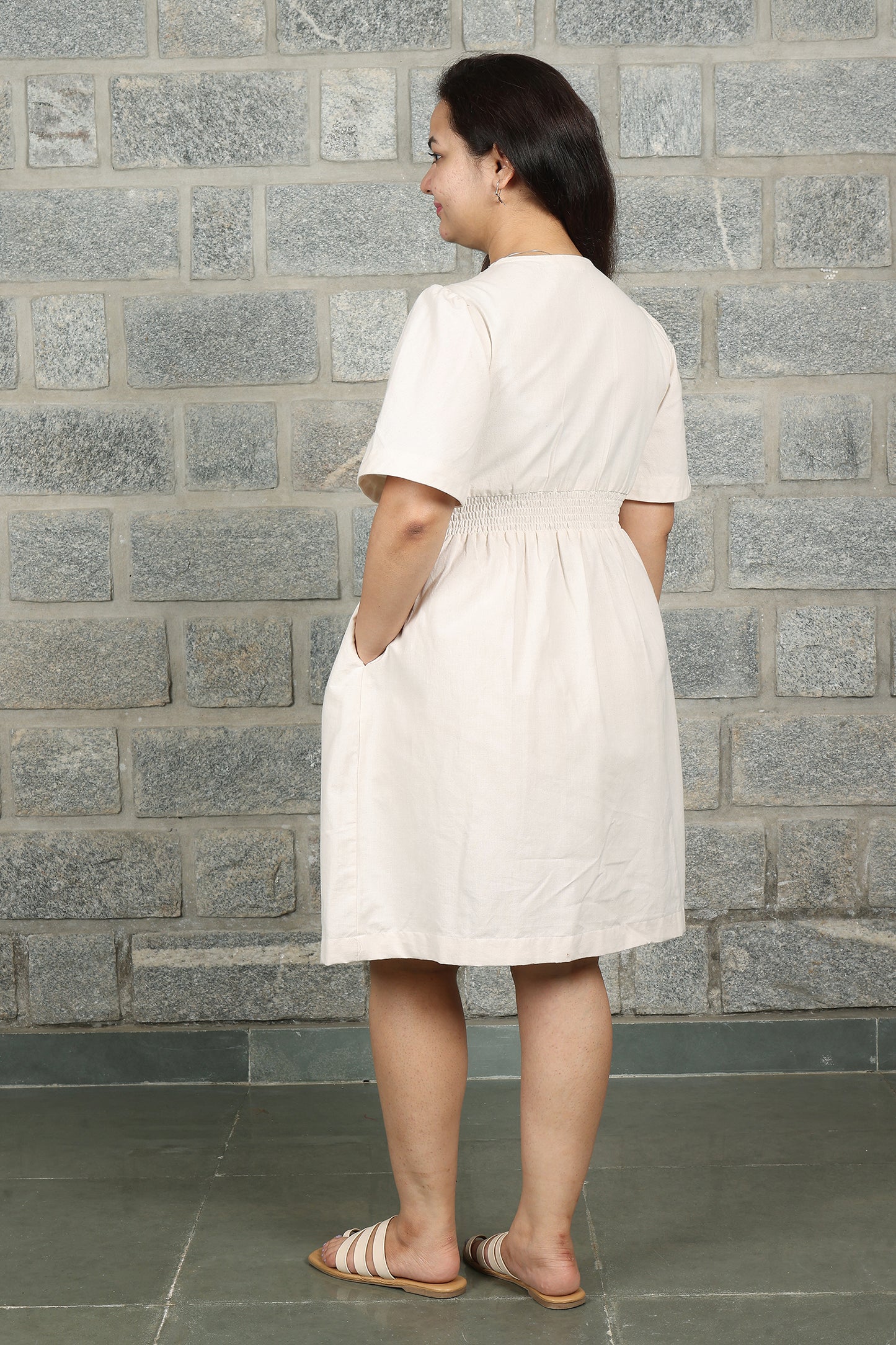 V Neck Box Pleated Ochre Yellow Dress