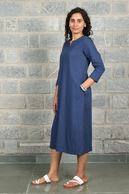 Navy Blue Light weight pure cotton Kurta Midi Dress