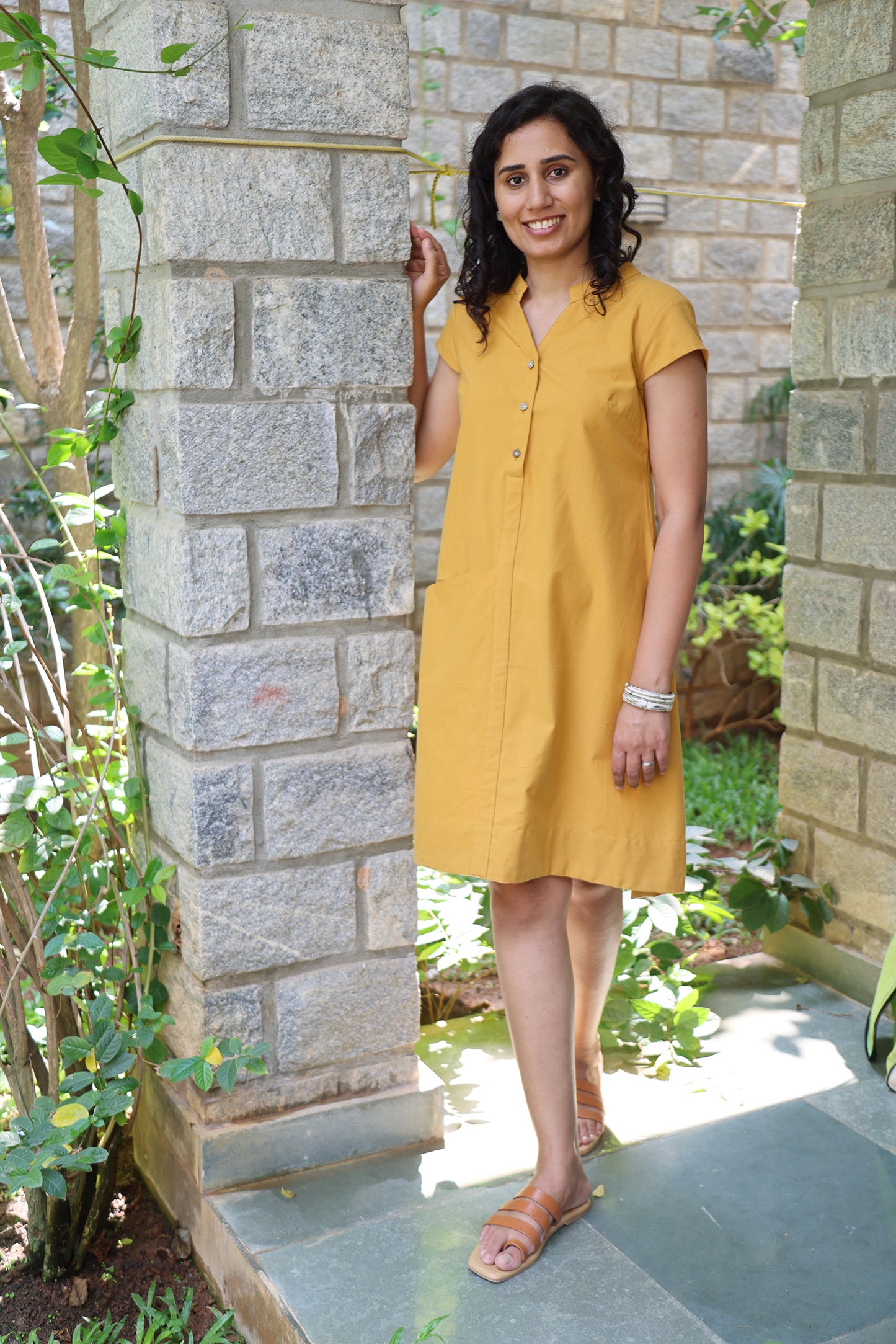 Mandarin Collar A Line Viva Magenta Dress