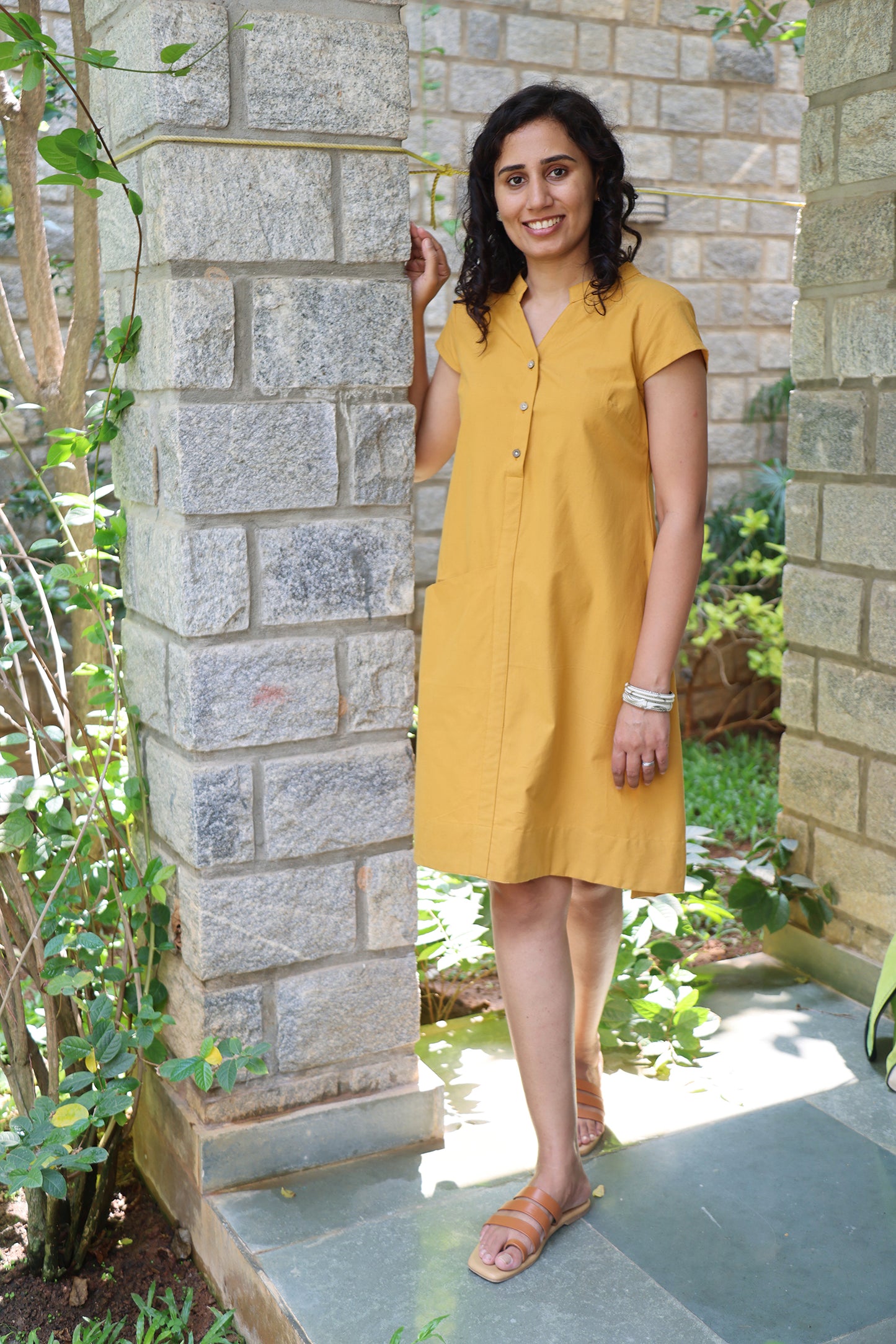 Mandarin Collar A Line Ochre Dress