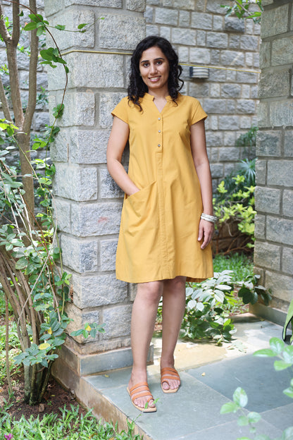 Mandarin Collar A Line Ochre Dress