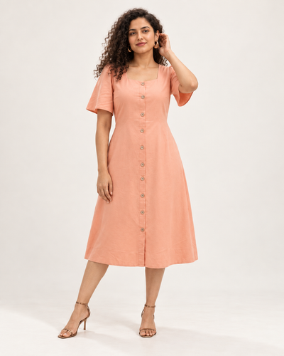 Square Neck A Line Dress in Monotone Solid Peach