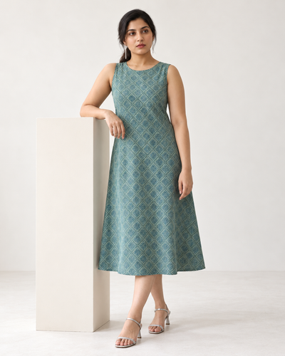 Green and Blue Geometrical Printed Sleeveless Maxi Dress