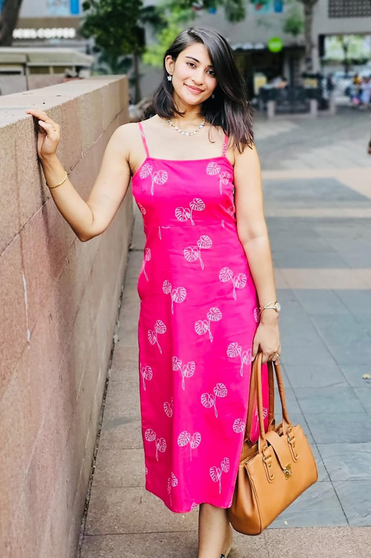 Strapped Maxi Viva Magenta and Off White Botanical Printed Dress