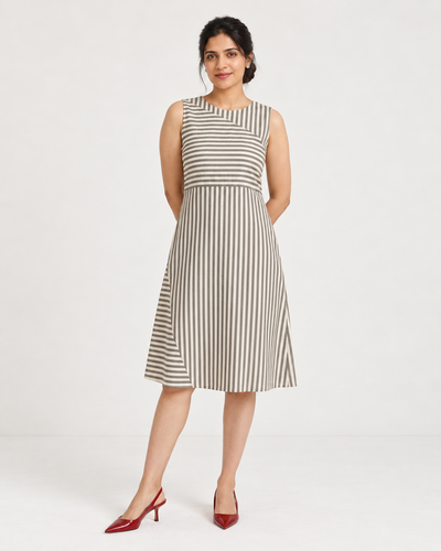 Striped Sleeveless Boat Neck Dress in Off White and Black
