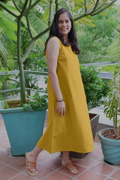 Ochre Yellow Sleeveless Maxi Dress with Embroidery