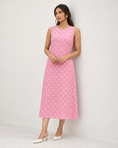 Pink Geometrical Printed Sleeveless Maxi Dress
