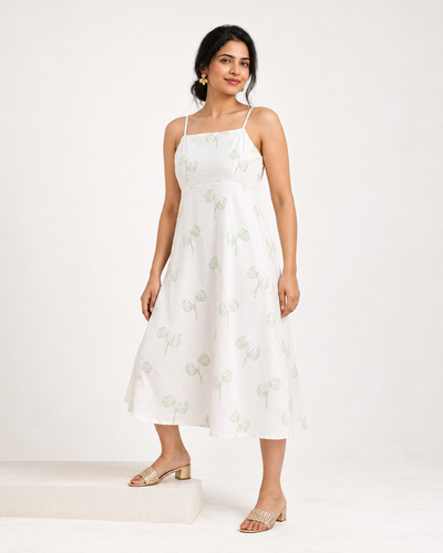 Strapped Midi Off White and Green Botanical Printed Dress