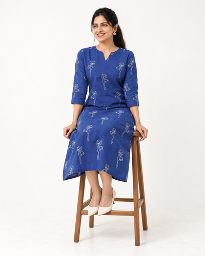 Indigo Blue Printed Pure Cotton Midi Dress