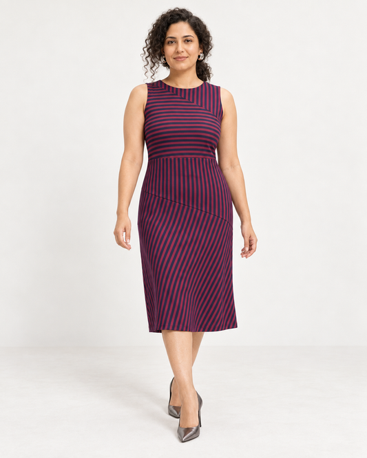 Striped Sleeveless Boat Neck Dress in Navy Blue and Viva Magenta