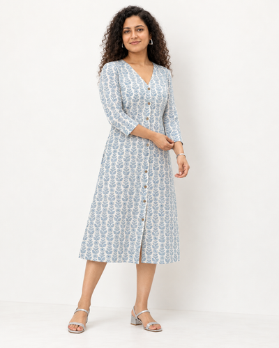 Off white and Teal Printed Midi Dress with a Triangle Cut on the Sleeve Cuff