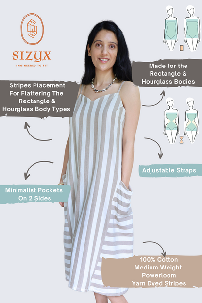 Off white and Light Brown Striped Godet Dress