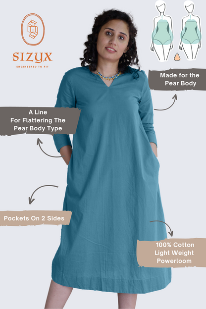 Teal Blue Light weight pure cotton Kurta Midi Dress