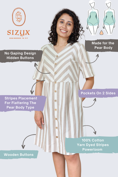 Zigzagged Striped V Neck Off White and Light Brown Dress