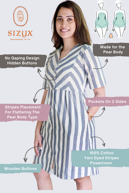 Zigzagged Striped V Neck Off White and Indigo Dress