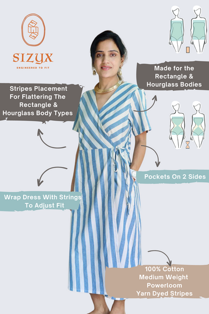 Striped Half Sleeved Wrap Around Dress in Off White and Light Blue