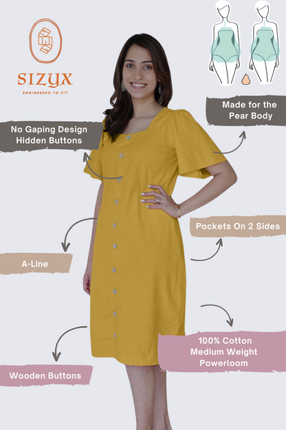 Square Neck A Line Dress in Monotone Solid Ochre Yellow