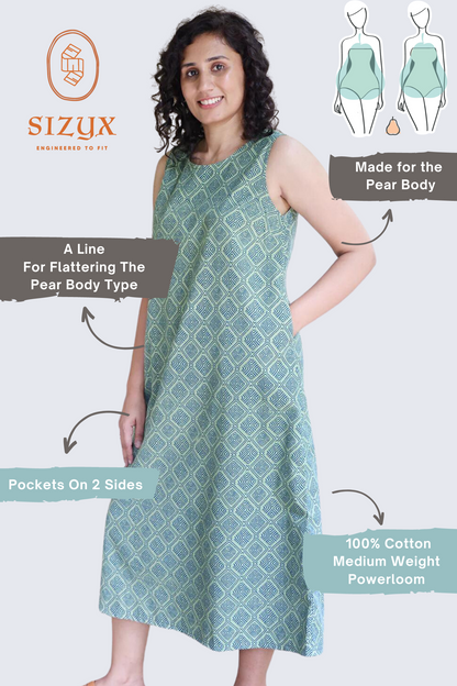 Green and Blue Geometrical Printed Sleeveless Maxi Dress