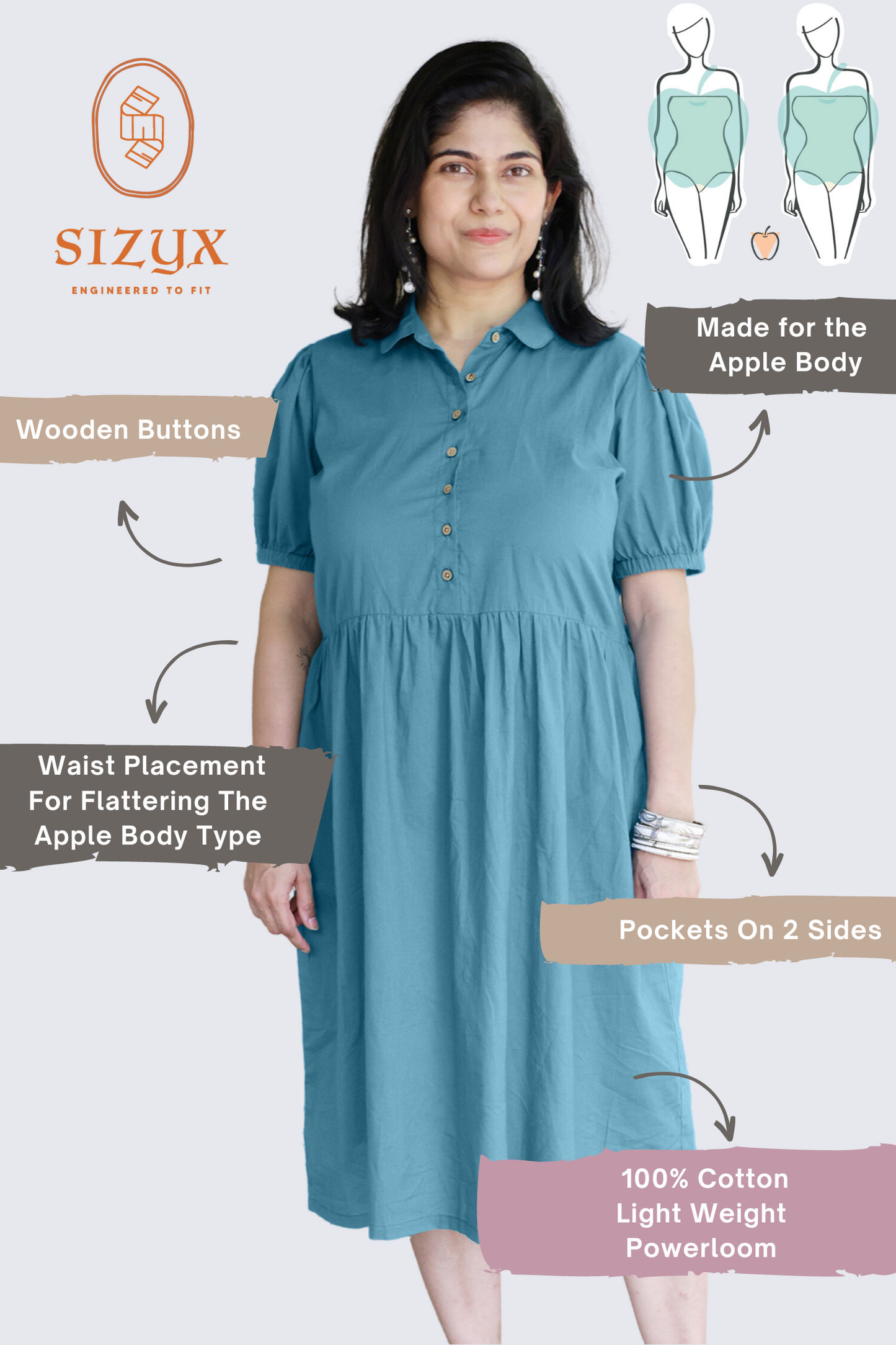 Collared Fine Cotton Teal Blue Dress