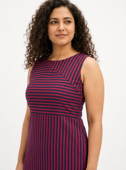 Striped Sleeveless Boat Neck Dress in Navy Blue and Viva Magenta