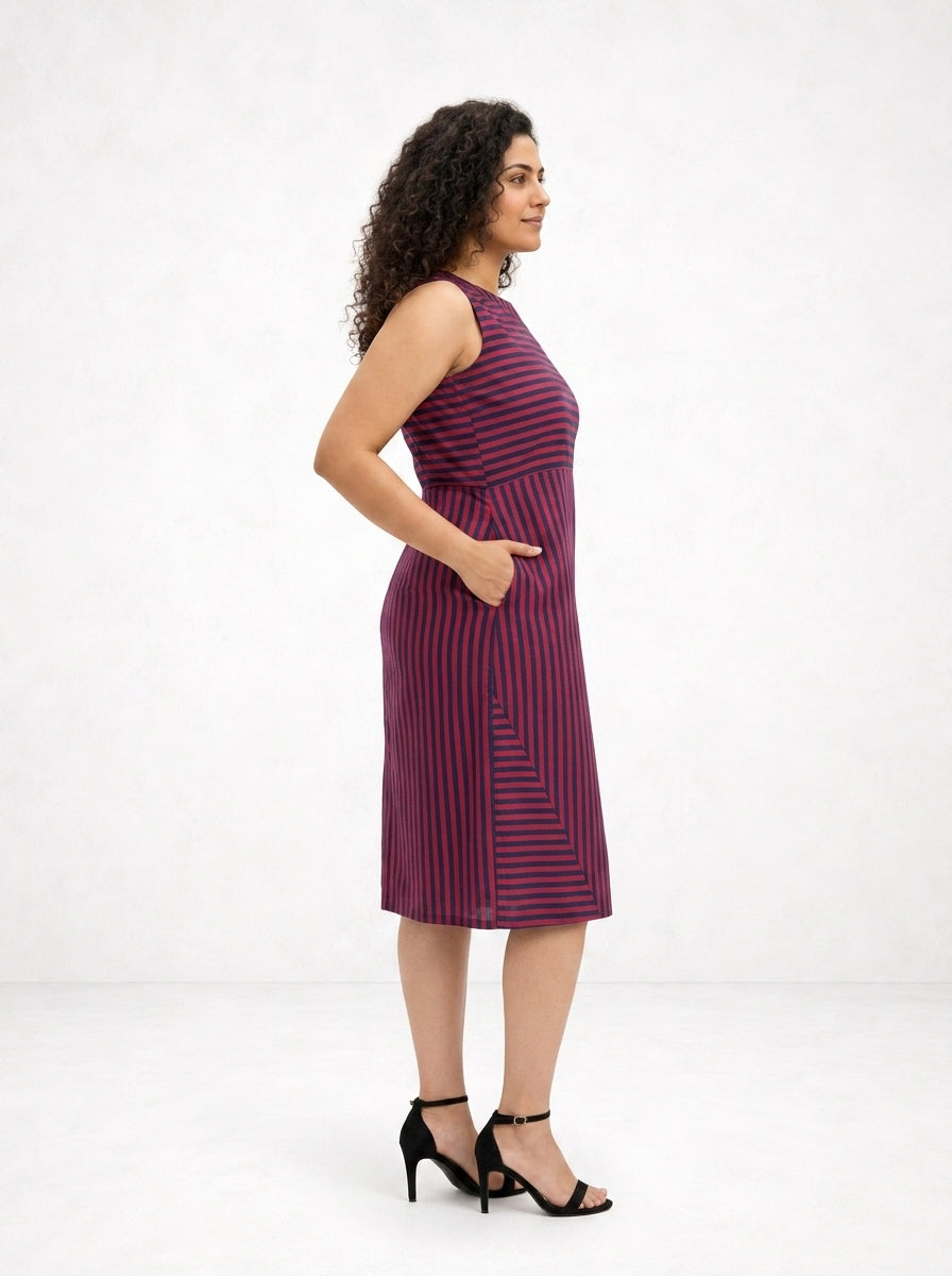 Striped Sleeveless Boat Neck Dress in Navy Blue and Viva Magenta