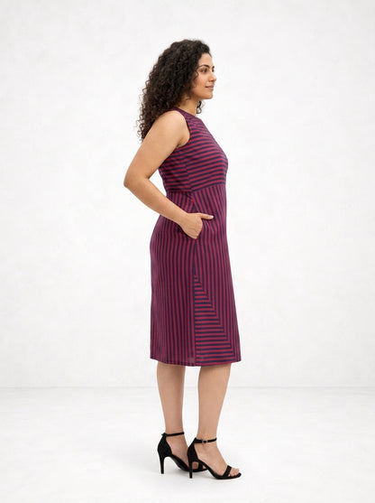 Striped Sleeveless Boat Neck Dress in Navy Blue and Viva Magenta