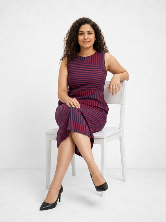 Striped Sleeveless Boat Neck Dress in Navy Blue and Viva Magenta