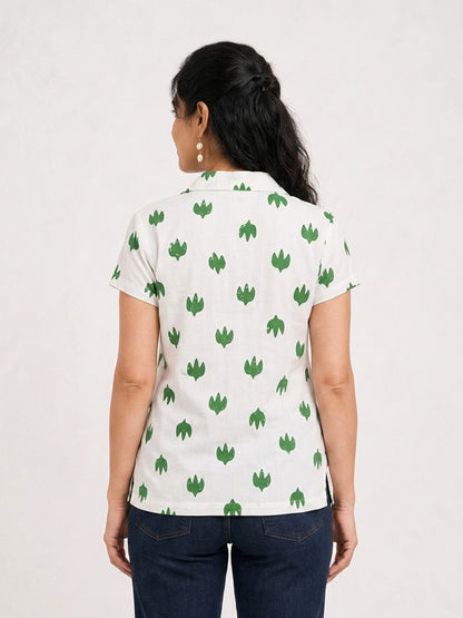 Green and White Leaf Trio Notch Collar Shirt