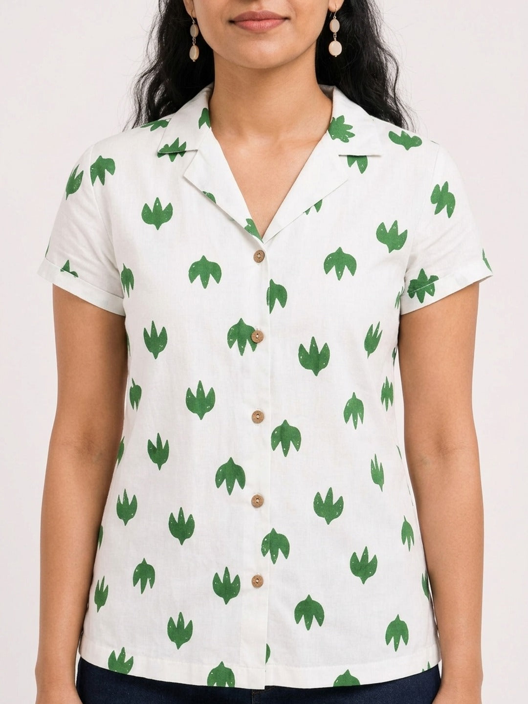 Green and White Leaf Trio Notch Collar Shirt
