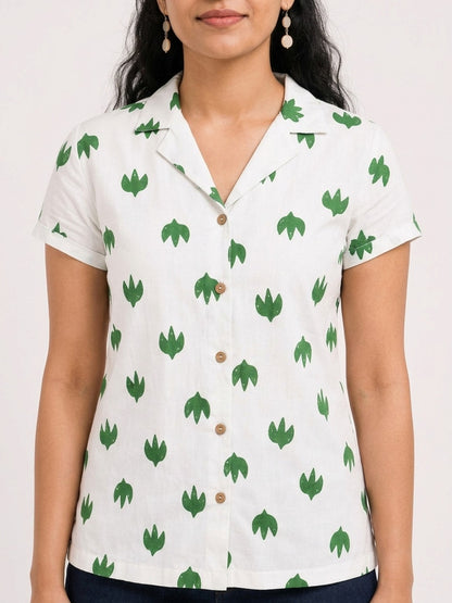 Green and White Leaf Trio Notch Collar Shirt